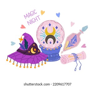 Halloween vector illustration. Сomposition with magic ball, magic elixir, witch hat, scroll. Posters and prints for tee, flat art, cartoon style