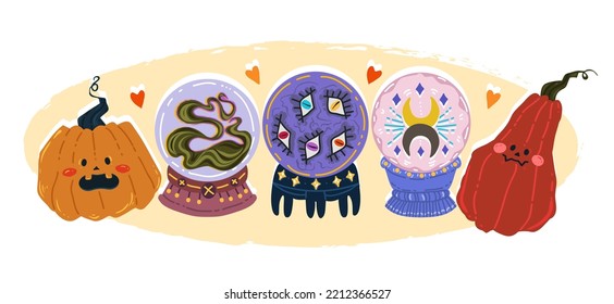 Halloween vector illustration. Сomposition with Magic balls for divination, pumpkins. Posters and prints for tee, flat art, cartoon style