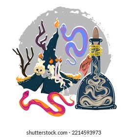 Halloween vector illustration. Сomposition with magic bottle, witch hat, snakes. Posters and prints for tee, flat art, cartoon style