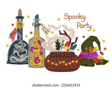 Halloween vector illustration. Сomposition with magic potion bottles, potion cauldron, witch hat. Posters and prints for tee, flat art, cartoon style