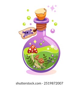 Halloween vector illustration of a magical potion bottle with mushrooms, vibrant green liquid, and skull tag