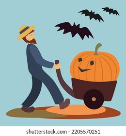 Halloween vector illustration, man with pumpkin and bats.	