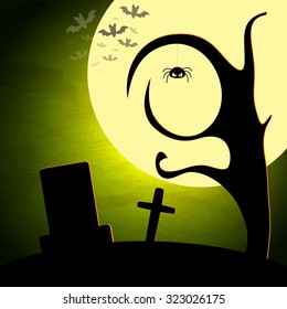 Halloween vector illustration with moon and dark landscape. EPS10