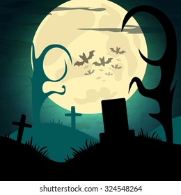 Halloween vector illustration with moon and dark landscape. EPS10