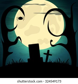 Halloween vector illustration with moon and dark landscape. EPS10