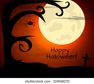 Halloween vector illustration with moon and dark landscape