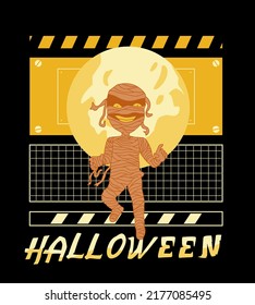 halloween vector illustration, mummy illustration, monochrome color, geometric background, halloween text, perfect for printing on t-shirts, hoodies, apparel, souvenirs, merchandise.