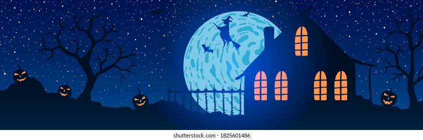 Halloween Vector illustration. old house and witch on a broom, bare trees among full moon.