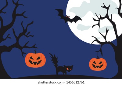 Halloween vector illustration on blue background. With the image of pumpkins, trees, the moon, a cat and a bat. Background. Wallpaper.