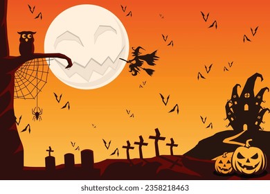 Halloween Vector illustration Orange Halloween background.  witch and old houses cemetery landscape background with full moon.