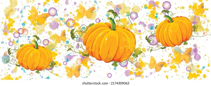 Halloween vector illustration. Orange pumpkins watercolour pattern with splash and bublles.