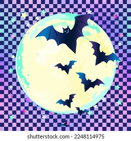 Halloween vector illustration over chequer pattern: creepy cute vector bat flying against full moon in neon pastel colors. Retro gothic style. Colorful rainbow concept. 