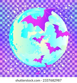 Halloween vector illustration over chequer pattern: creepy cute vector bat flying against full moon in neon pastel colors. Retro gothic style.