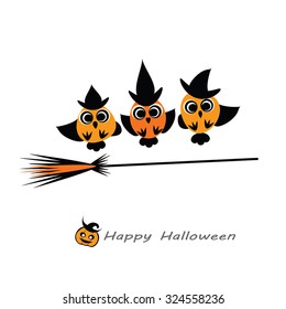 Halloween vector illustration - Owl  Witches in hats flying on broom. Cute Halloween owlets flat silhouettes for your design. Halloween card template. Eps 10. Isolated on white.