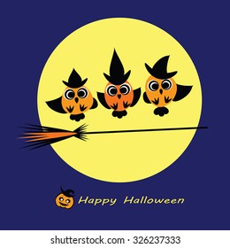 Halloween vector illustration - Owl Witches flying on broom. Cute Owls wearing witch hat, broom stick, full moon. Flat silhouettes Halloween card, flyer, wallpaper. Eps 10. Isolated on white.