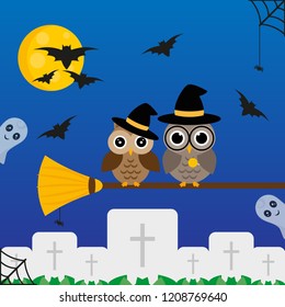 Halloween vector illustration. Owls sitting on the broom, ghosts in the air and bats. 