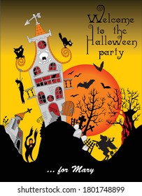 Halloween vector illustration. Halloween party invitation. Old haunted house