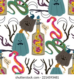 Halloween vector illustration. Pattern with bottle of poison, snakes, pumpkins. Light background, wallpaper, flat art, cartoon style