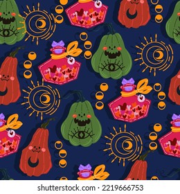 Ilustración vectorial de Halloween. Patrón con poción de amor de botella, calabaza. Fondo oscuro, papel pintado, arte plano, estilo de dibujos animados