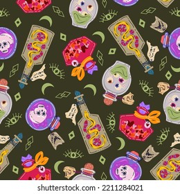 Halloween vector illustration. Pattern with different bottles magic potion. Dark background, wallpaper, flat art, cartoon style