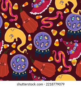Halloween vector illustration. Pattern with fortune teller ball, witch hat, pumpkin, ghost, snake. Dark background, wallpaper, flat art, cartoon style