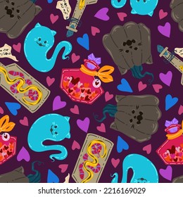 Halloween vector illustration. Pattern with ghost, magic potion bottles, pumpkin. Dark background, wallpaper, flat art, cartoon style