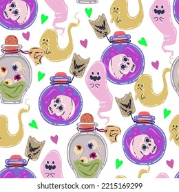 Halloween vector illustration. Pattern with ghosts, potion bottles. Light background, wallpaper, flat art, cartoon style