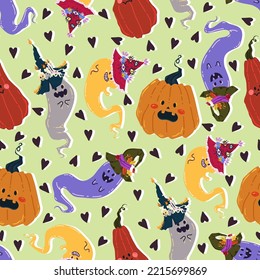 Halloween vector illustration. Pattern with ghosts in magic hats, pumpkins. Light background, wallpaper, cartoon style, flat art