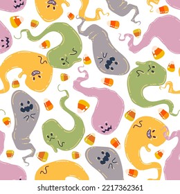 Halloween vector illustration. Pattern with ghosts. Light background, wallpaper, flat art, cartoon style