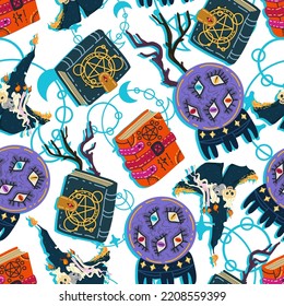 Halloween vector illustration. Pattern with grimoires, magic ball, witch hat. Light background, wallpaper, cartoon style