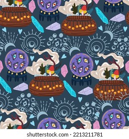 Ilustración vectorial de Halloween. Patrón con bola mágica, caldero de poción, cristales mágicos, pentagramas. Fondo oscuro, papel pintado, arte plano, estilo de dibujos animados