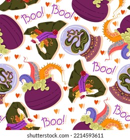 Halloween vector illustration. Pattern with potion cauldron, mystical magic ball, witch hat. Light background, wallpaper, flat art, cartoon style