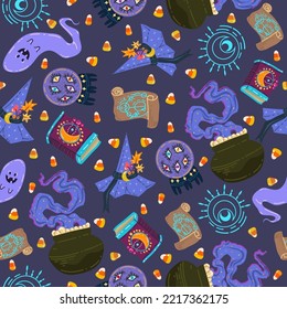 Halloween vector illustration. Pattern with potion cauldron, ghost, witch hat, magic ball, spell book. Dark background, wallpaper, flat art, cartoon style
