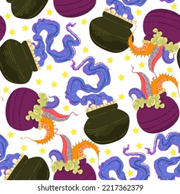 Halloween vector illustration. Pattern with potion cauldrons. Light background, wallpaper, flat art, cartoon style
