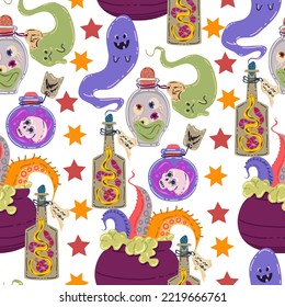Halloween vector illustration. Pattern with potion cauldron, ghosts, witchcraft bottles. Light background, wallpaper, flat art, cartoon style