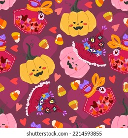 Ilustración vectorial de Halloween. Patrón con calabaza, poción mágica de amor, maíz dulce. Fondo oscuro, papel pintado, arte plano, estilo de dibujos animados