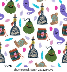 Halloween vector illustration. Pattern with pumpkins, magic potion, spell book, scroll, ghost. Light background, wallpaper, flat art, cartoon style