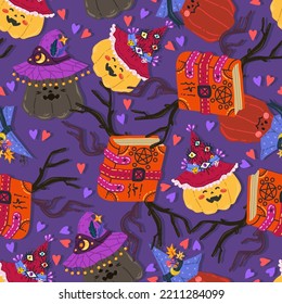 Halloween vector illustration. Pattern with pumpkins in witch hats, witchcraft book. Dark background, wallpaper, flat art, cartoon style