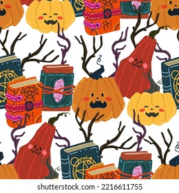 Halloween vector illustration. Pattern with pumpkins, magic books. Light background, wallpaper, flat art, cartoon style