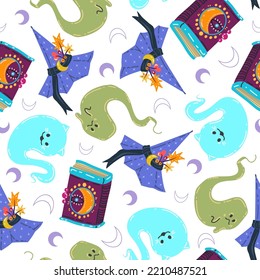 Halloween vector illustration. Pattern with witch hat, magic book, ghosts. Light background, wallpaper, cartoon style