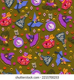 Halloween vector illustration. Pattern with witch hats, potion bottles. Dark background, wallpaper, cartoon style, flat art