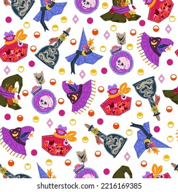 Halloween vector illustration. Pattern with witch hats, potion bottles. Light background, wallpaper, cartoon style, flat art