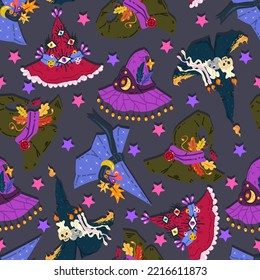 Halloween vector illustration. Pattern with witch hats. Dark background, wallpaper, flat art, cartoon style