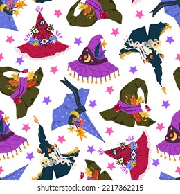 Halloween vector illustration. Pattern with witch hats. Light background, wallpaper, flat art, cartoon style