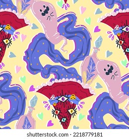 Halloween vector illustration. Pattern with witch hat, ghost, elixir bottle. Light background, wallpaper, flat art, cartoon style
