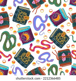 Halloween vector illustration. Pattern with witchcraft books, grimoires, snakes. Light background, wallpaper, flat art, cartoon style