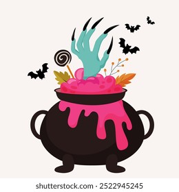 Halloween vector illustration of poisonous brewery in cauldron with witches green hand and spices, autumn leaves and bat. 