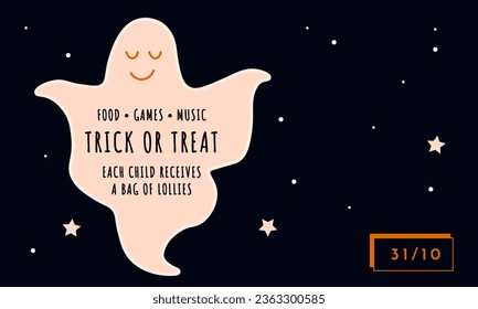 Halloween vector illustration. Poster of a ghost for Halloween. Vector ghost with information for Halloween party. SHOTLISTspooky