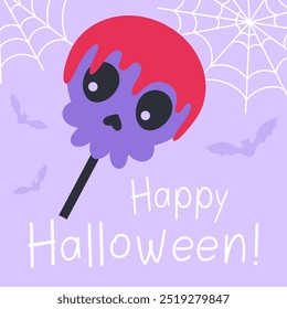 halloween vector illustration, poster with sweet, bat and spider wet, holiday october postcard with lollipop for greeting card, print, textile
