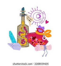 Halloween vector illustration. Сomposition with potion bottles, magic crystals, scroll, magic symbol. Posters and prints for tee, cartoon style